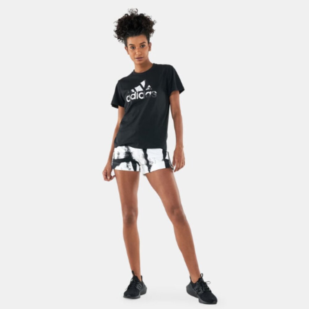 Brand New Adidas Women's Essentials brush-stroke graphic Printed 3-Stripes Short